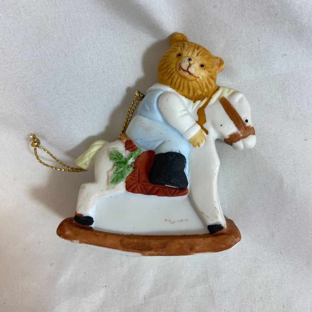 #8292 CERAMIC ROCKING HORSE CHRISTMAS ORNAMENT TEDDY BEAR 2.5 IN